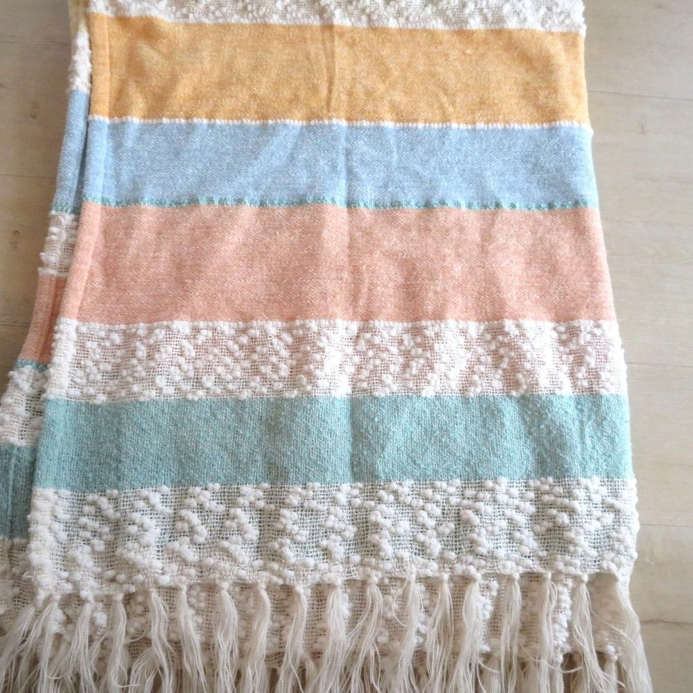 Shabby Chic Striped Throw Blanket in Pastel Colors Fringe Tassels 50 x 60" NEW